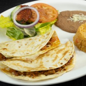 Dos Quesadillas con Arroz y Frijoles